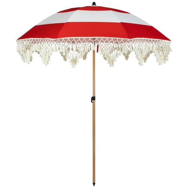 9 foot outdoor patio umbrella red stripe ABBLE Ft with Crank and Tilt, Weather Resistant, UV Protective Umbrella, Durable, 8 Sturdy Steel Ribs, Market Outdoor Table Umbrella providing shade at any angle with just a simple press Stripe Macrame Boho Beach Market