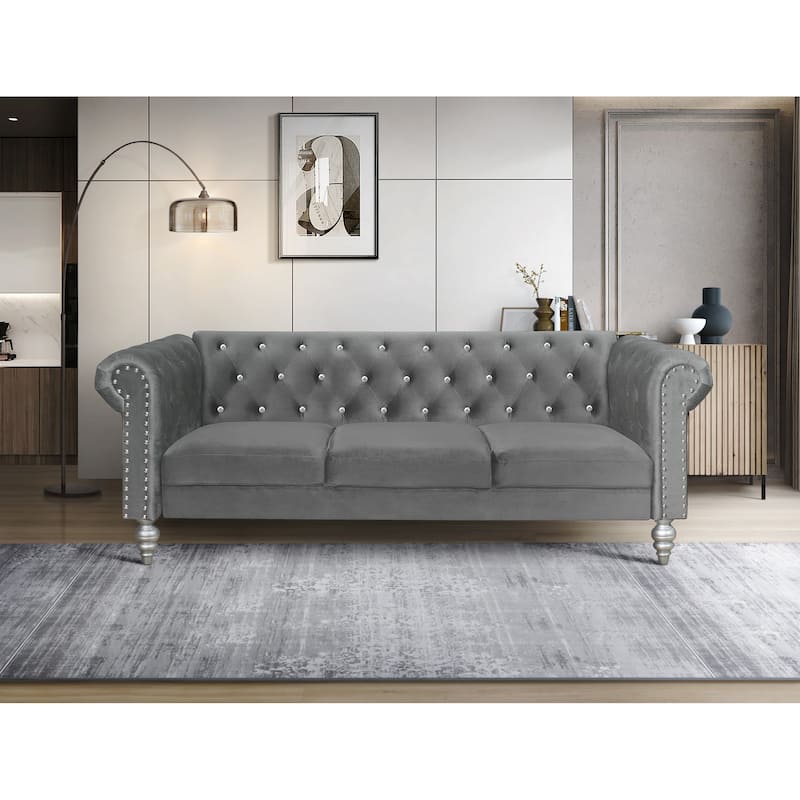 Clayfell Emma Velvet Rolled Arm Living Room Set - Sofa - Grey