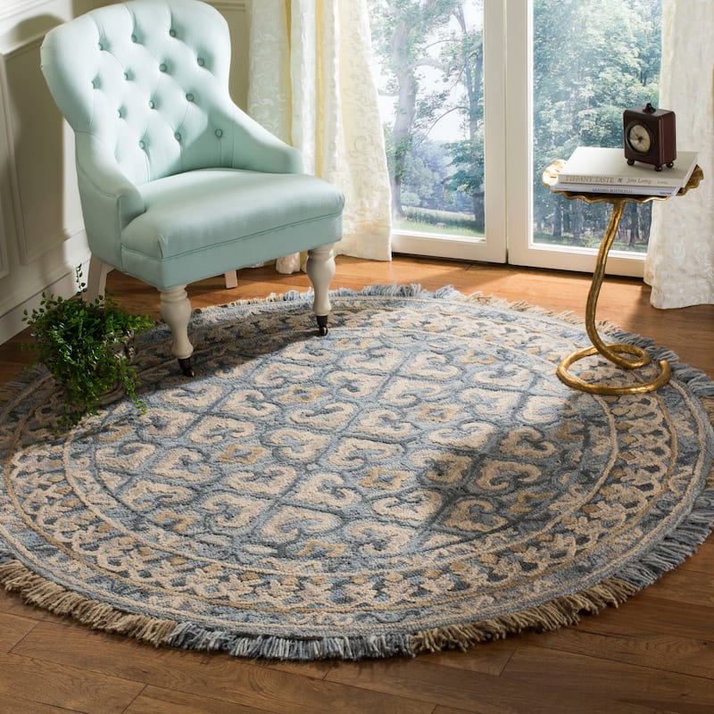 SAFAVIEH Handmade Blossom Dosta Modern Floral Wool Rug - 6' Round - Light Beige/Blue