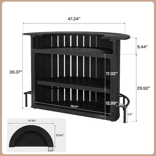 dimension image slide 1 of 2, 39.4” H Brown MDF Arc Shaped Bar Table, 4-Tier Home Bar Unit with Footrest