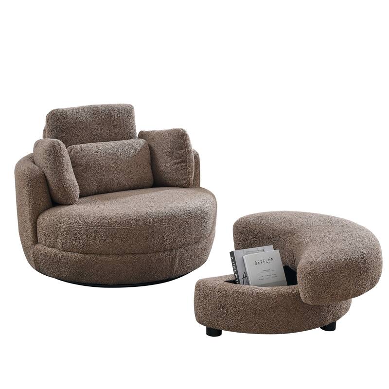 Oversized Teddy Fabric Swivel Barrel Chair with Moon Ottoman & 4 Pillows