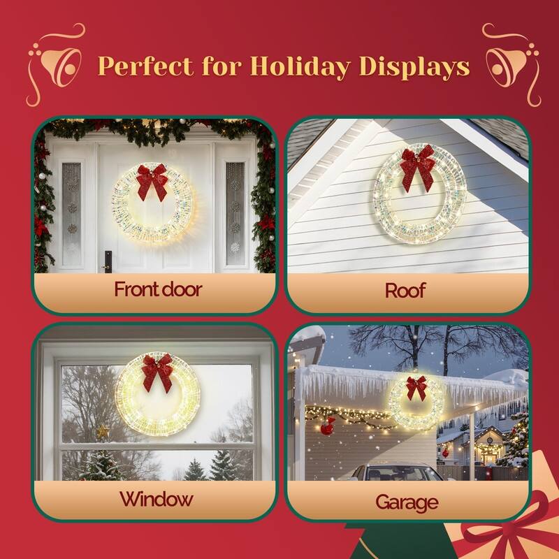 24in Pre-lit Iridescent Outdoor Christmas Wreath Decoration, Lighted Metal Wreath for Front Door Gate Wall Holiday Party