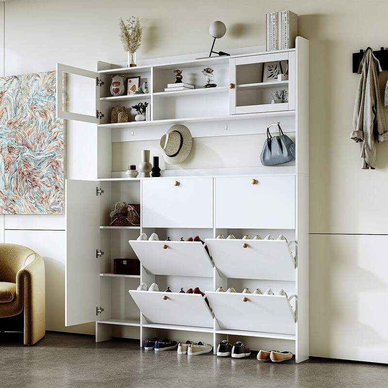 Hall Tree and Shoe Storage Bench with Flip Drawers and Doors