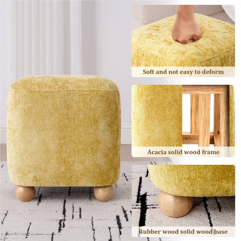 Chenille Upholstered Pouf Ottoman Footstool Acacia Solid Wood Footrest