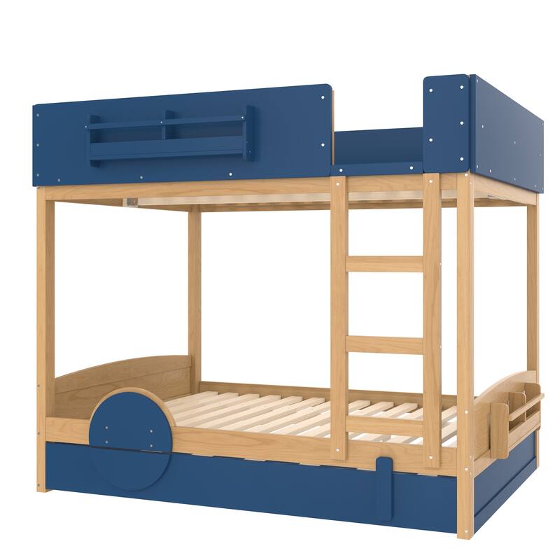 Kids Bed Wooden Bunk Bed with Trundle and Built-in Storage Bookshelves