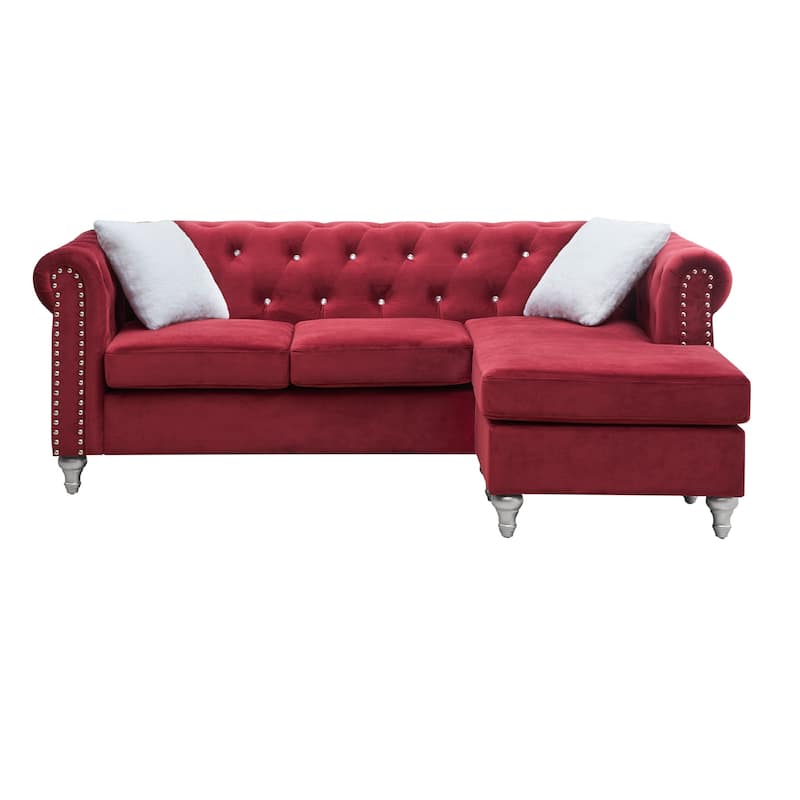 Tufted Faux Jewel Velvet 3-Seater Sofa with Throw Pillows - 82" - Burgundy