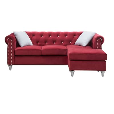 Tufted Faux Jewel Velvet 3-Seater Sofa with Throw Pillows - 82" - Burgundy