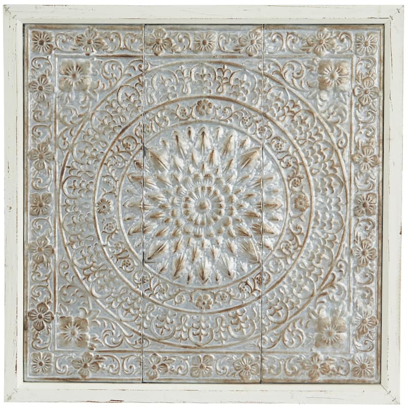 Metal Floral Embossed Mandala Scroll Home Wall Decor with White Wood Frame - Blue or Brown - Roche River Decor - Brown - 34"W, 34"H