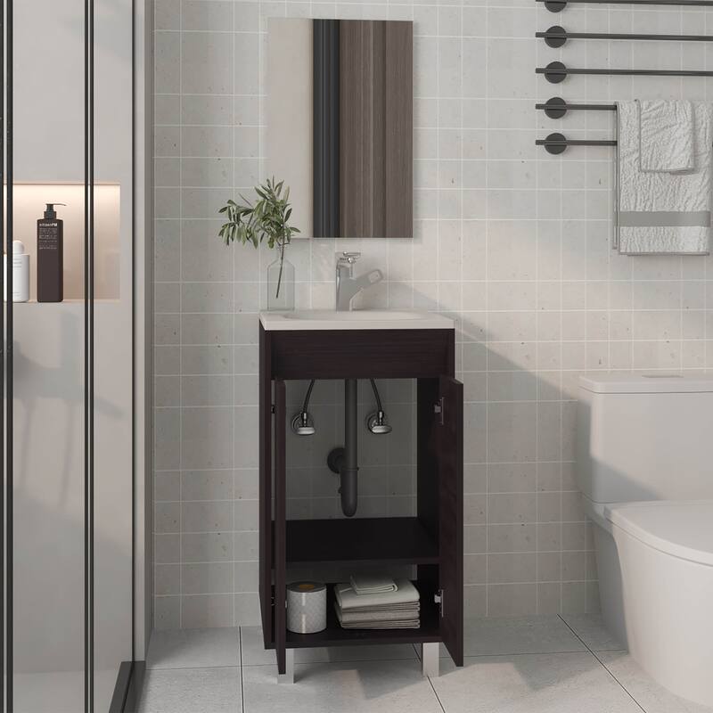 Mirror Bathroom Vanity Cabinet,With two Doors,Two Shelves,Black