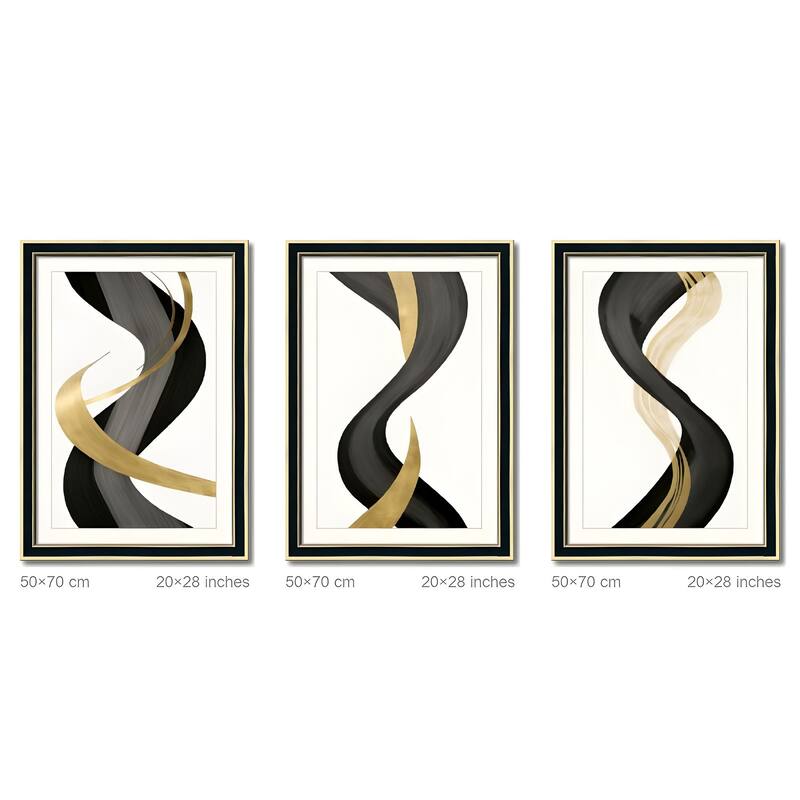 Set of 3 Black and Gold Abstract Framed Wall Art - Replaceable Canvas Prints with Solid Wood Picture Frames