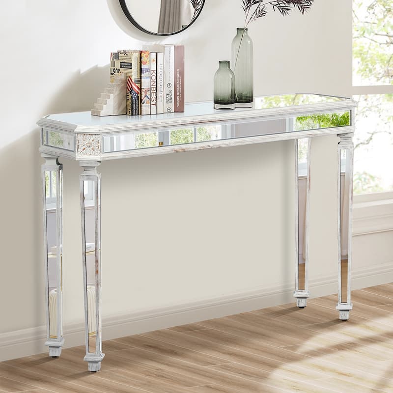 Versatile Mirror Console Table with Vintage Wood Carving Elements