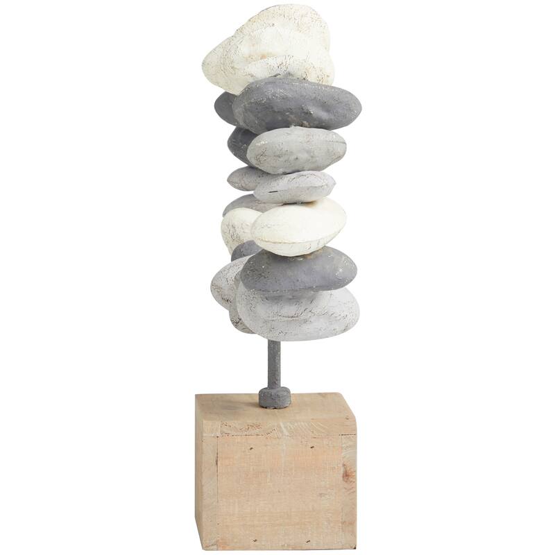 Gray Metal Circular Stone Abstract Decorative Sculpture with Brown Wooden Base
