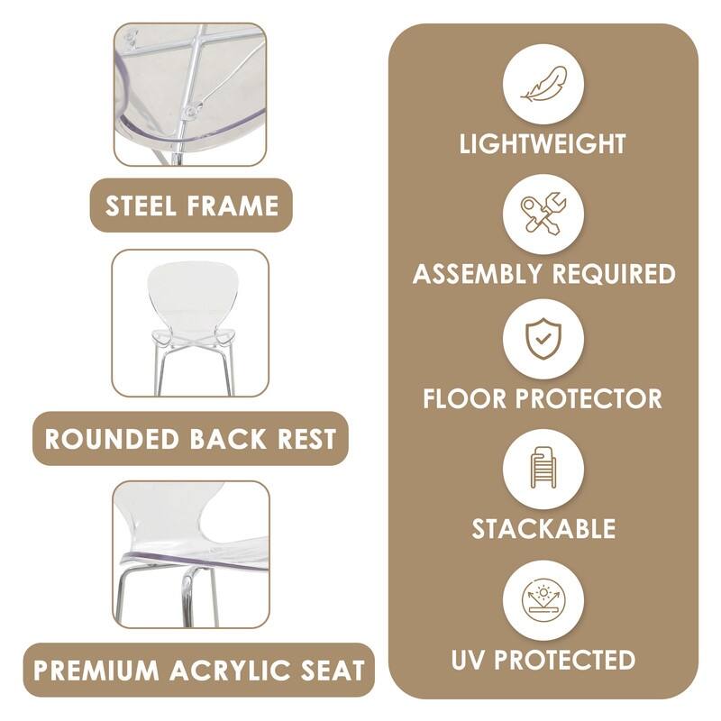 30 in. Seat Height Acrylic Plastic Barstool in Chrome Steel Frame Armless with Footrest