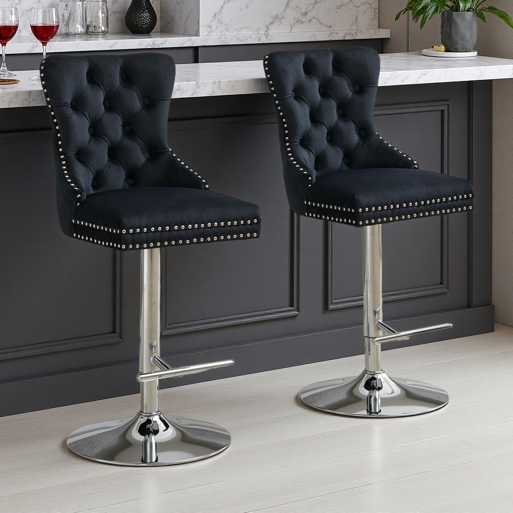 49.9"H Set of 2 Velvet Swivel Bar Stools with Tufted Back, Adjustable Height & Chrome Base