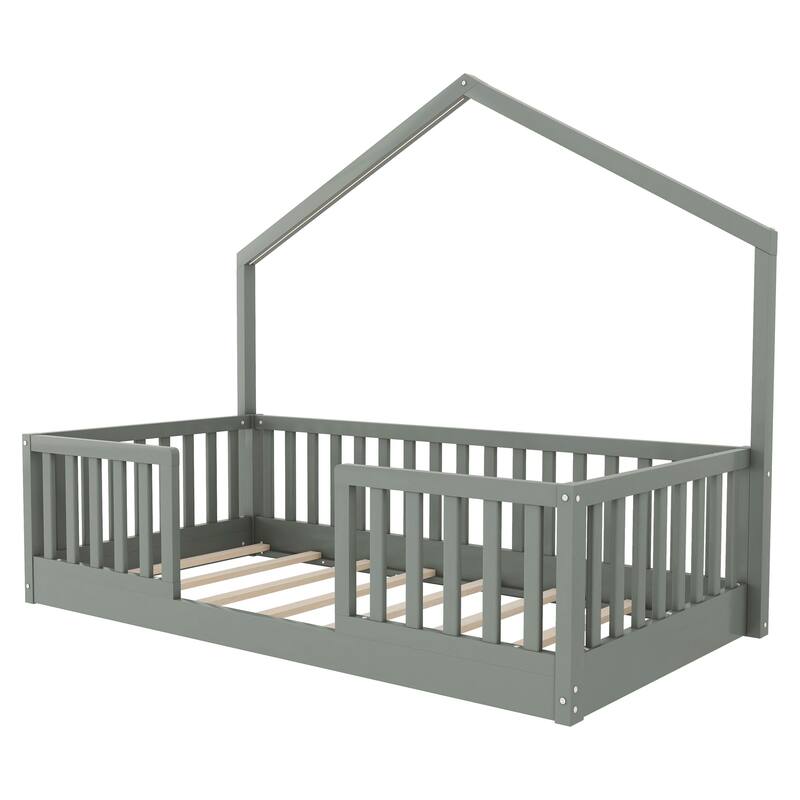 Twin Floor Bed with High Rails, Wooden Montessori Bed with Light for Kids, Boys and Girls