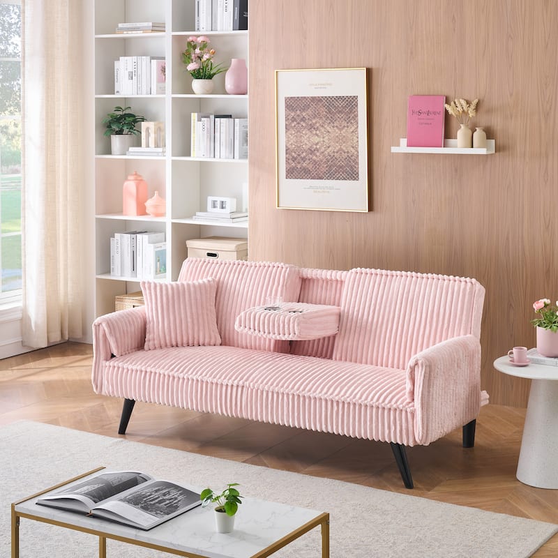 Pink Corduroy Sofa with Retractable Cup Holder, 72x39x31 inches, Suitable for Living Room and Bedroom