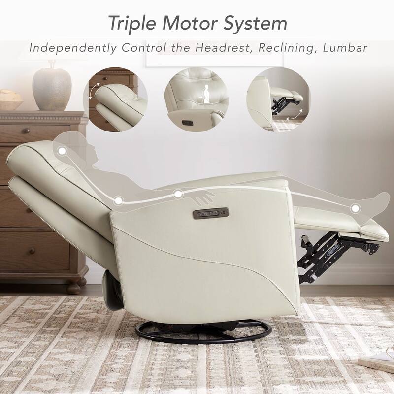 Spruce & Spring Genuine Leather Swivel Glider Recliner with Power Lumbar Support