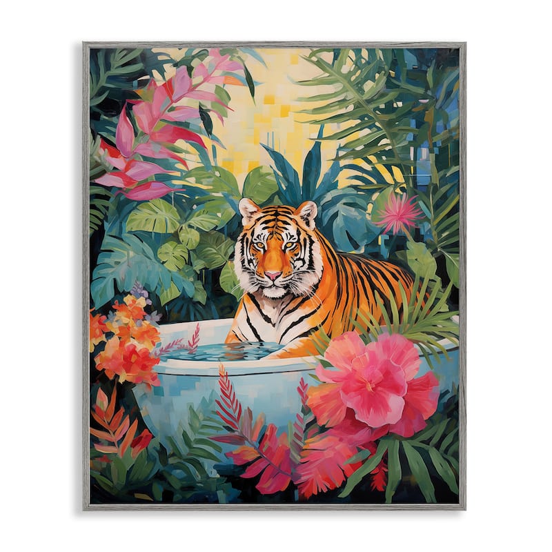 Stupell Tiger in Luxurious Bath Framed Giclee Art Design By Heidi Kuntz - 16 x 20 - Grey