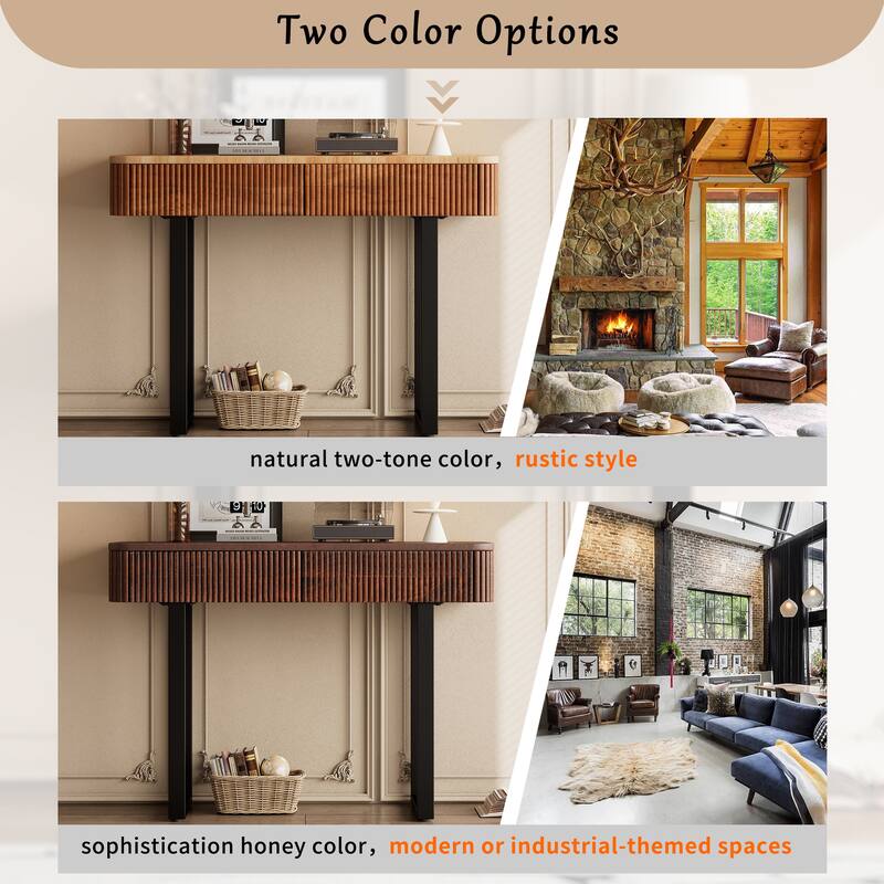 Solid Wood Entryway Table, Narrow Sofa Table with Storage Drawers & Metal Legs, with Fluted Hallway Tables Console Table Natural