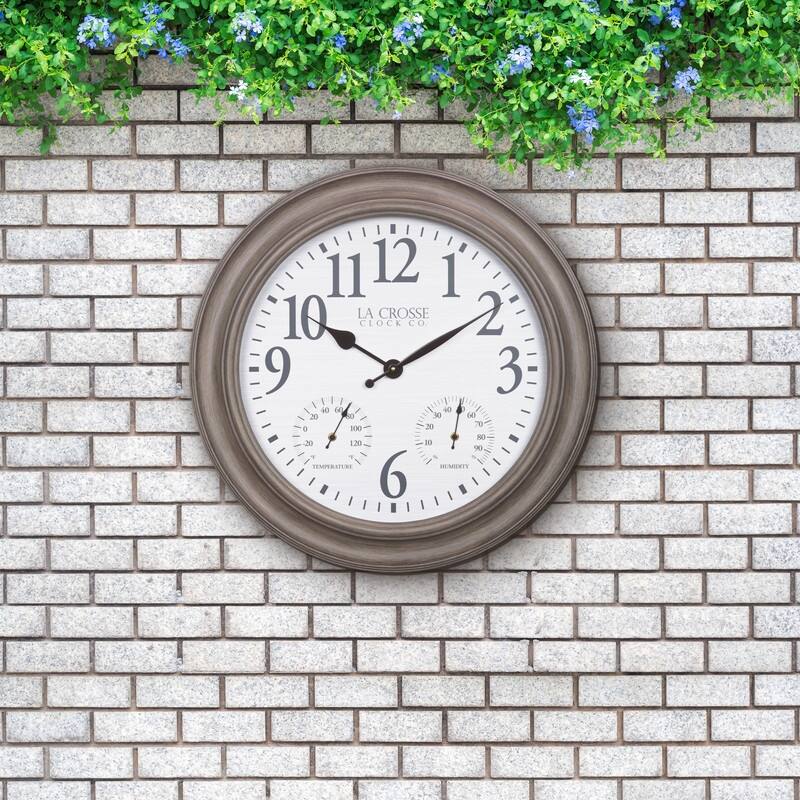 La Crosse 433-3267TH 26.2" Outdoor Gray Oak Quartz Temp/Humidity Clock