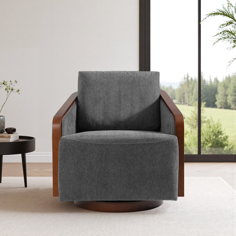 Upholstered Swivel Barrel Chair with Curved Wood Arms