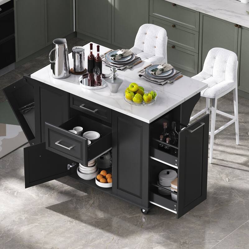 Kitchen Island with Storage Tilt Trash Can Cabinet and Pull Out Cabinet Organizer