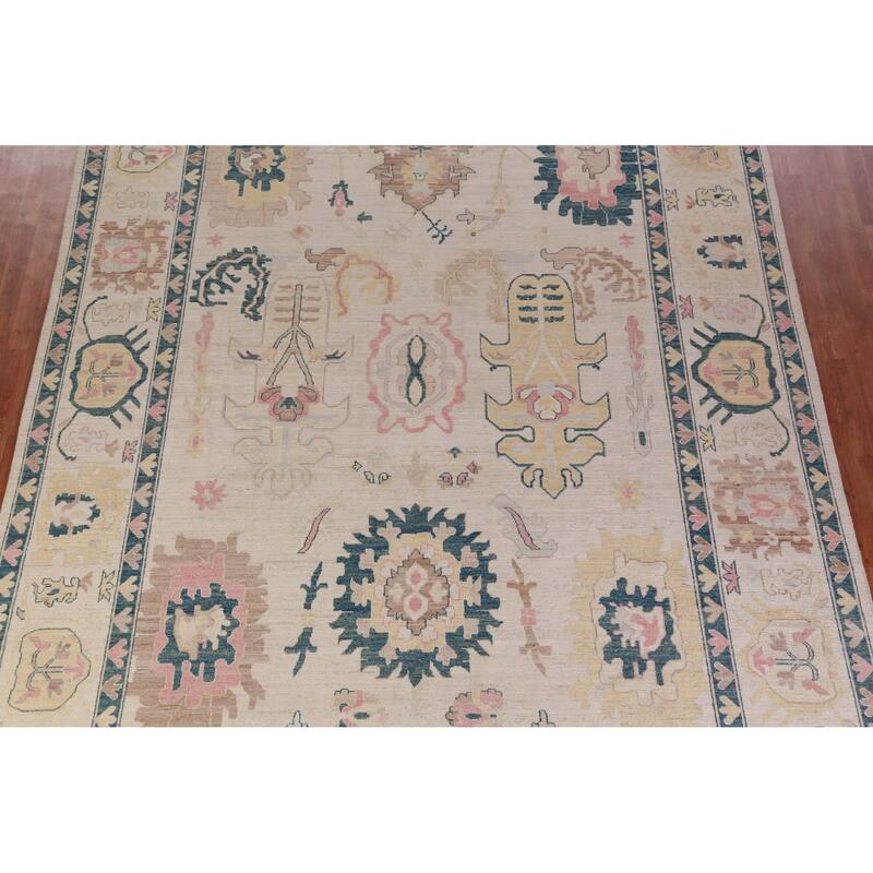 Hand Knotted Oriental 100% Wool Carpet Transitional All-Over Beige & Ivories Oushak Area Rug - 13' 9'' X 9' 11''