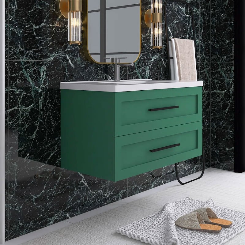 Wall-Mounted Bathroom Vanity in Green with White Ceramic Sink