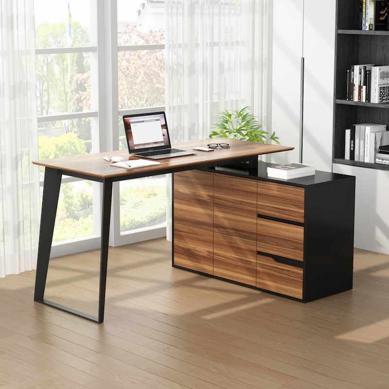 54.3" Home Office Computer Desk Corner Desk With Drawers and Cabinet - Brown/Black