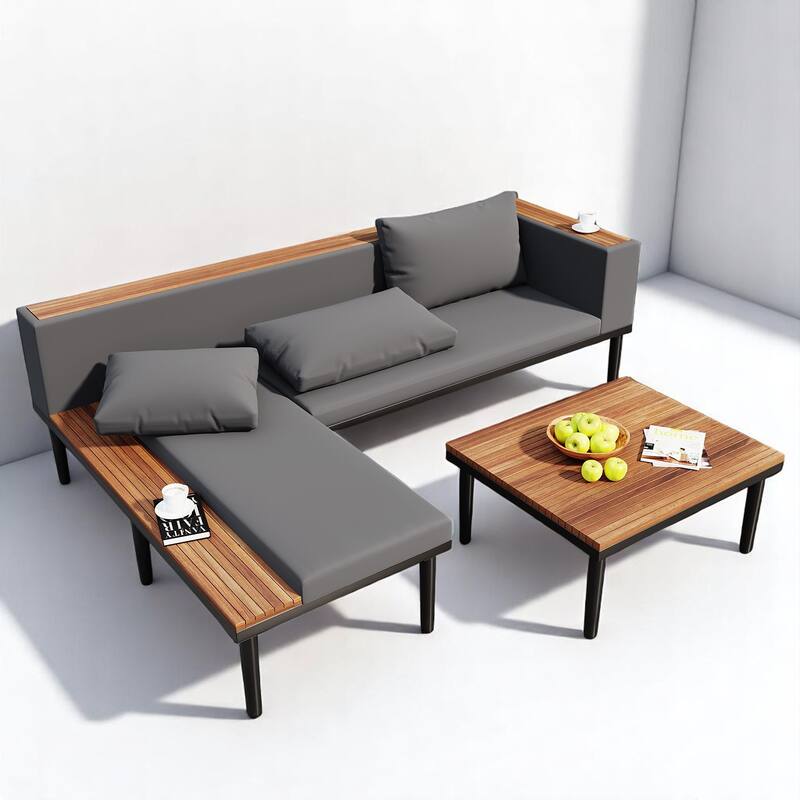 3-Piece Outdoor Sofa Set with Acacia Wood Frame, Side Table & Coffee Table, Weather-Resistant Cushions, Patio Conversation Set