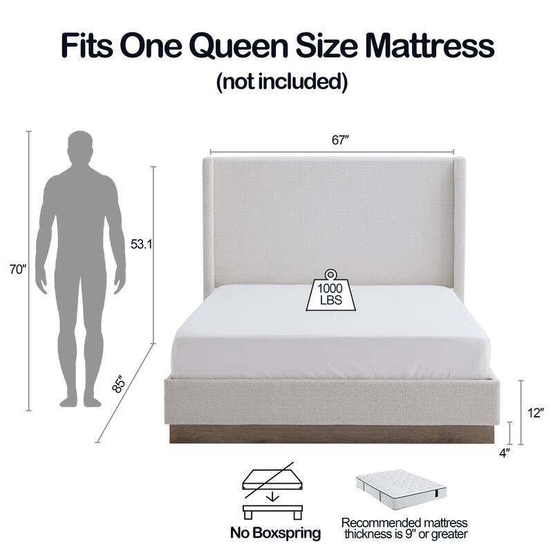 Upholstered Wingback Bed / Upholstered Wood Base Platform Bed / 53.1" High Headboard / No Box Spring Needed / Queen