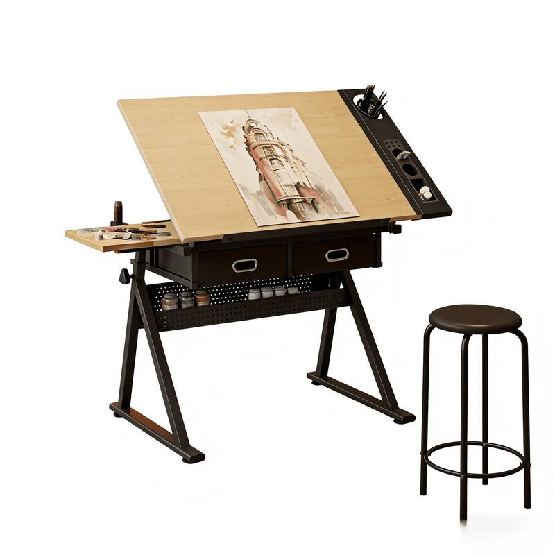 Drawing drafting table desk with 2 drawers for home office - Black/Beige