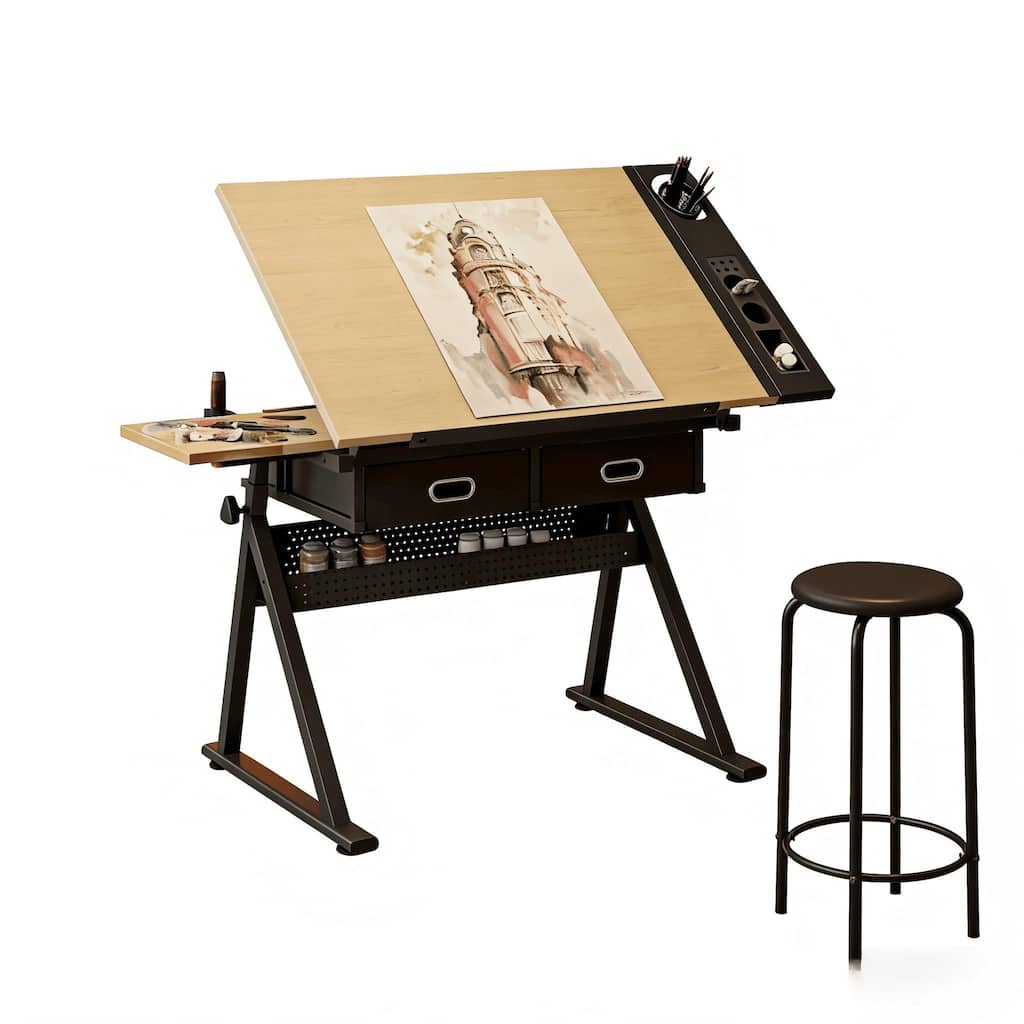 Drawing drafting table desk with 2 drawers for home office
