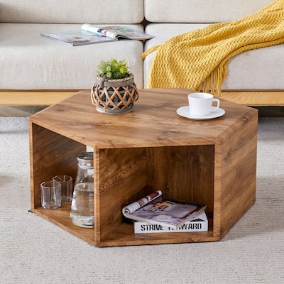 Hexagonal Mdf Coffee Table, Characteristic Wood Grain Pattern Stickers,Multi-Hole Design To Give More Storage Space