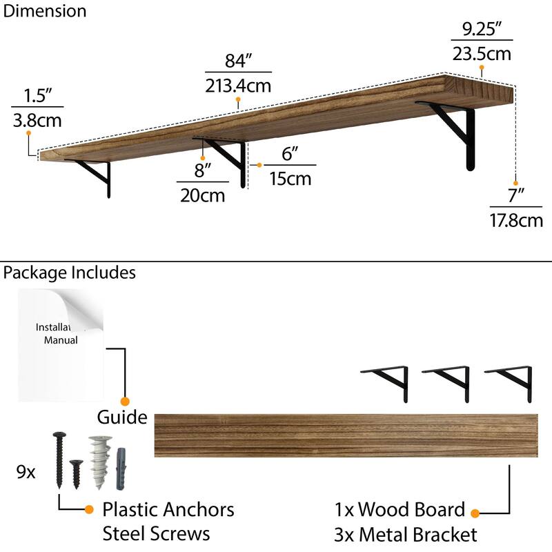Wallniture Forme 48"-84" Long Floating Shelves Living Room & Office Decor, Solid Wood Shelves, Wall Mounted, 1.5" Thick, Burnt