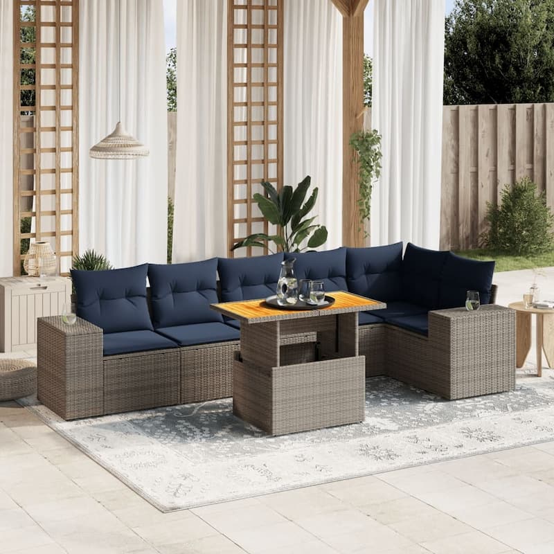 vidaXL Patio Sofa Set with Cushions Outdoor Furniture 7 Piece Poly Rattan - 24.4 x 24.4 x 27.2 - Grey-Table+corner+3x middle
