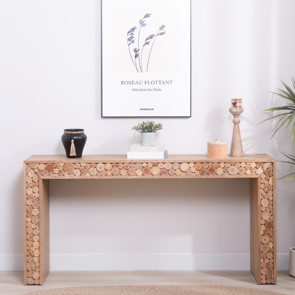 Rustic Wood Console Table with Natural Log Accents - 62" Entryway Table, Narrow Sofa Table, Hallway Accent Table