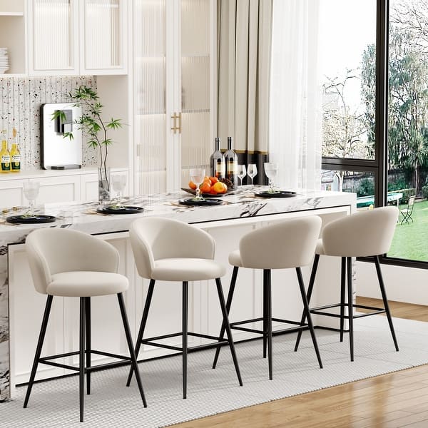 Upholstered Counter & Bar Stools With Metal Frame, Bar Chairs for Kitchen lsland with back and footrest - Counter Height - Ivory - Set of 4