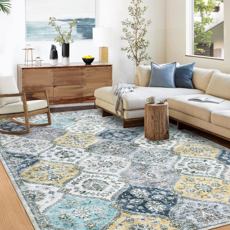 Rugs for Living Room Vintage Oriental Trellis Area Rug Soft Non Slip Low Pile Accent Rugs for Dining Room Office