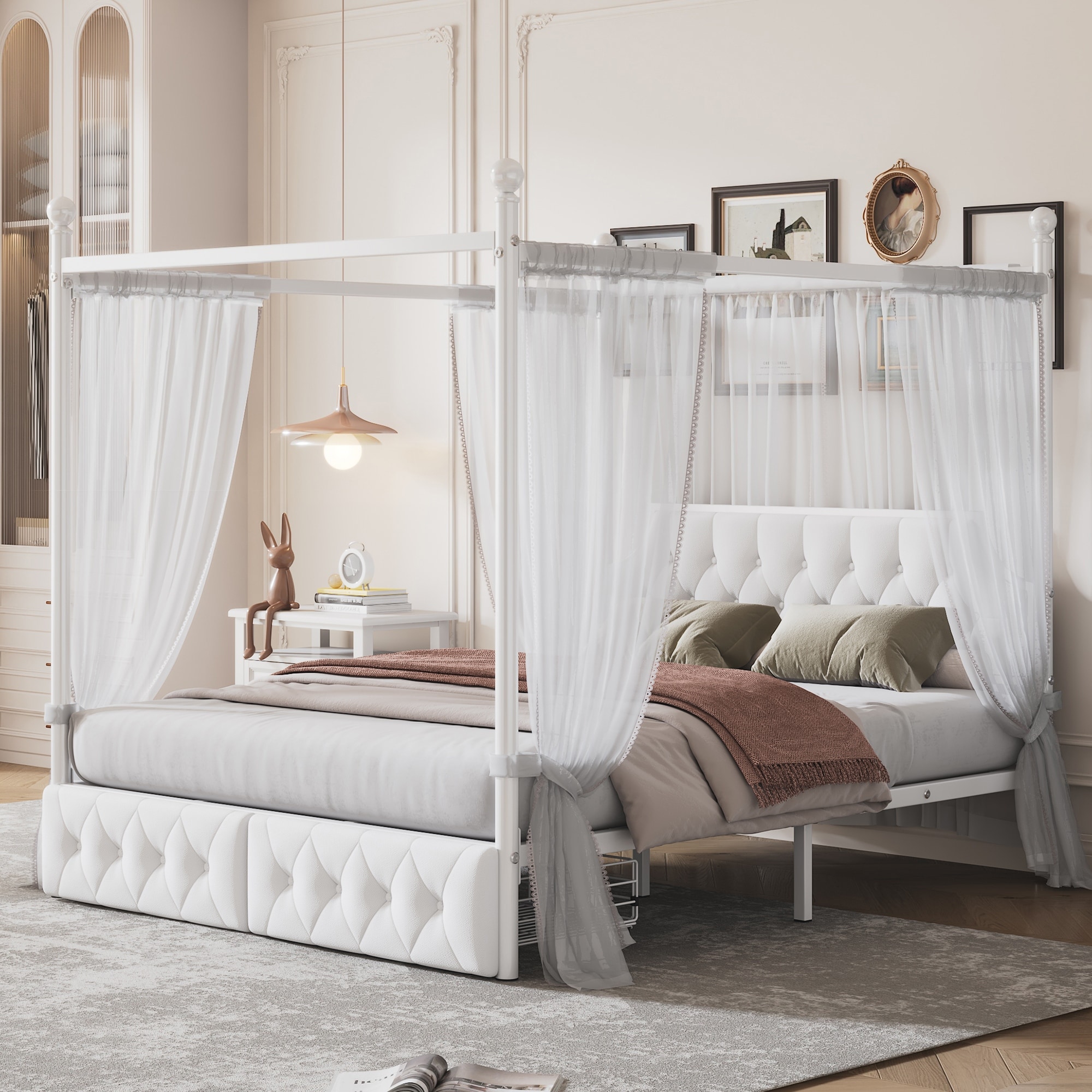 King/Queen Size Metal Canopy Platform Bed with Upholstered Headboard and Two Storage Drawers