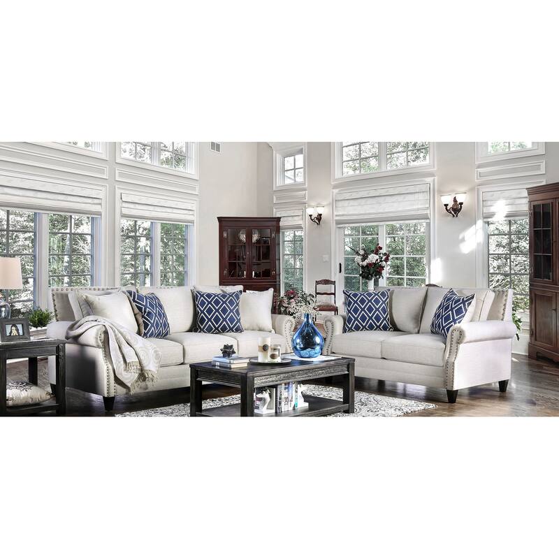 Deri Transitional Fabric Nailhead Padded 2-Piece Sofa Set by Furniture of America - Beige