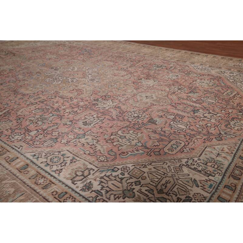 Pink Geometric Mashad Persian Vintage Area Rug Handmade Wool Carpet - 8'1"x 11'1"