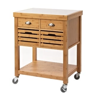 36 Inch Bamboo Kitchen Cart Island, 2 Drawers, Stainless Steel Top ...
