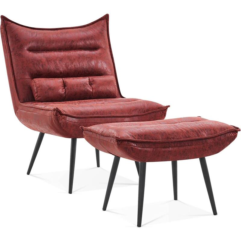 MCombo Modern Chair with Ottoman, Bronzing Fabric Upholstered Leisure Chairs - Burgundy