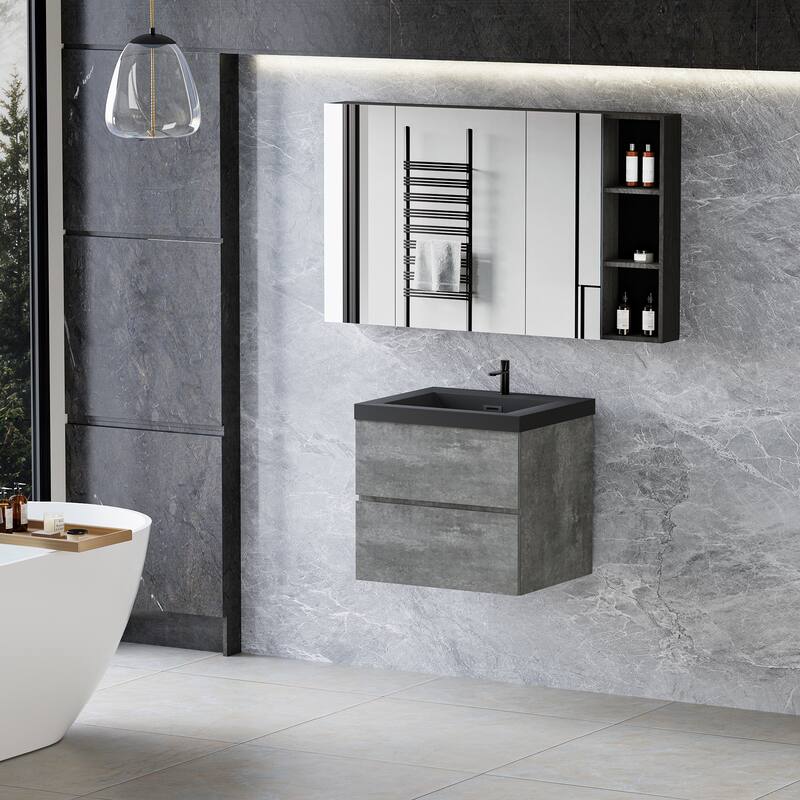 Wall-Mounted Bathroom Vanity with Gray Storage Cabinet, Matte Black Quartz Sand Sink, Soft-Close Hinges - 23.62in L Melamine