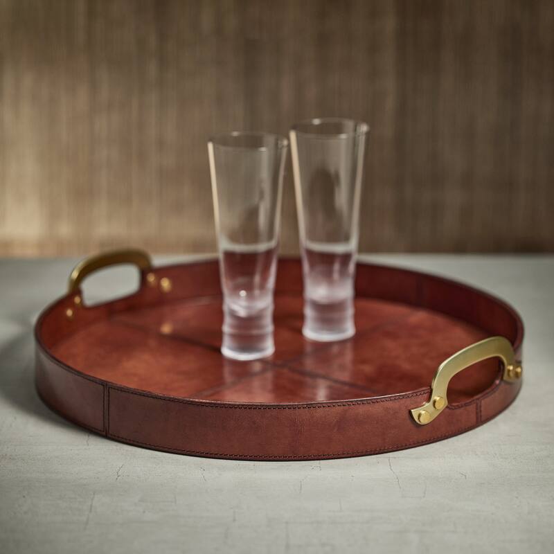 Harlow Leather with Brass Handles Round Tray