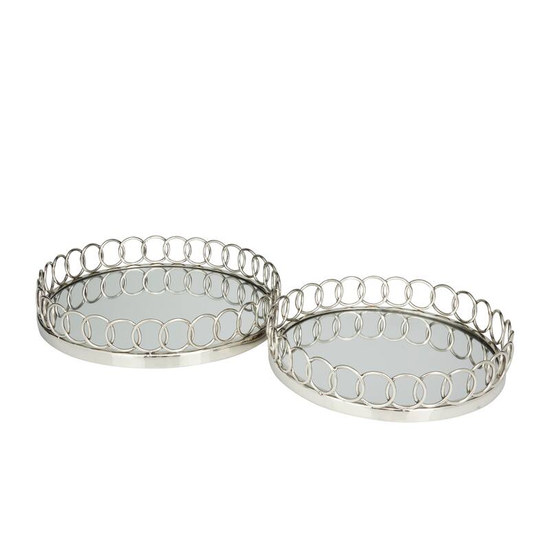 Silver Stainless Steel Metal Mirrored Tray with Circle Patterned Sides (Set of 2) - 16", 14"W