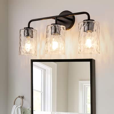 YANSUN 3-Light Vanity Light, Round Wall Base, Black Finish, Water Wave Cylindrical Glass Shades, E26 Sockets - 20.9*6.6*10.6