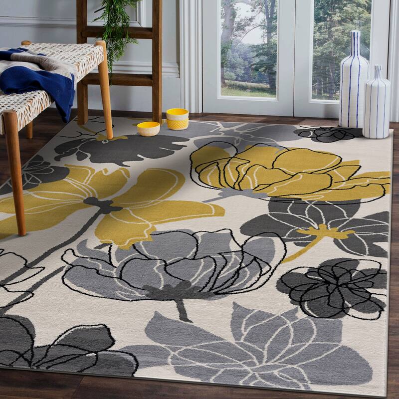 Beverly Rug Modern Multicolor Floral Indoor Area Rug with Jute Backing - 5x7 - Cream/Yellow