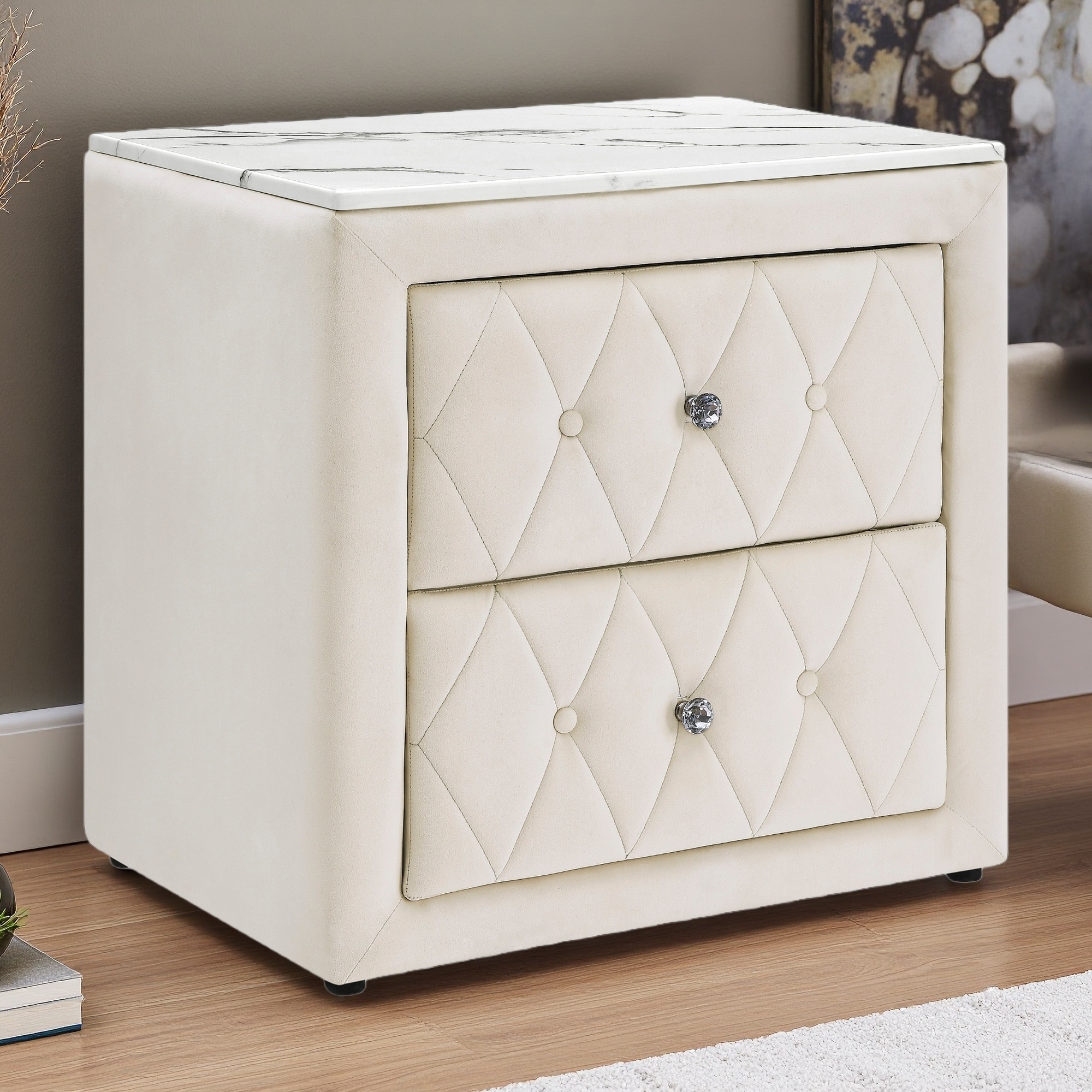 26.5"L Wooden Nightstand with Fabric Upholstery, Faux Marble Top, 2 Drawers, Button Tufted Modern Design, Faux Crystal Knobs